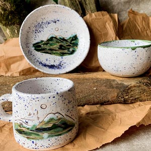 Ceramic Dinner Set Stoneware Mug Ceramic Plates & Bowls Handpainted Mountain Pottery Rustic Autumn Dinnerware Christmas Gift Fall Decor