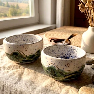Stoneware Bowl Set of 2, Handmade Ceramic Bowls, Hand Painted Mountain Pottery, Wabi Sabi Decor, Housewarming Gift, Gift for Couple