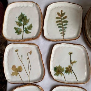 May include: A selection of square ceramic plates with white centres and brown, textured rims. Each plate showcases a unique botanical design in green and brown hues, including leaves and delicate stems. These plates are suitable for serving appetizers or small dishes.