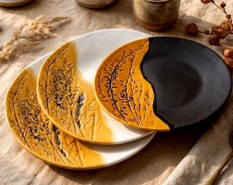 Handmade Botanical Dinner Plate Black White Gold Ceramic Plate  Wabi Sabi Stoneware Pottery Modern Rustic Dinnerware