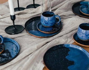 Blue Ceramic Dinnerware Set 2 Plates + Mug and Saucer Stoneware Serving Plate Set Rustic Pottery Tableware Gift for Her Kitchen Home Decor
