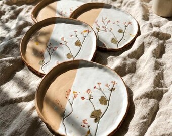 Handmade Botanical Ceramic Plate Rustic Wabi Sabi Dinnerware with Organic Shape, Floral Pottery Dish, Cottagecore Kitchen or Serving Plate