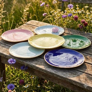 Ensemble d'assiettes en céramique colorées, vaisselle faite main, plat de forme irrégulière avec rebord doré, poterie Wabi Sabi, service de table moderne