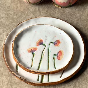 Boho Dishware for Summer Table Decor Rustic Dinnerware Set Handmade Ceramic Plates with Flowers Stoneware Pottery Plate Cottagecore Decor