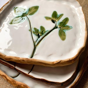 May include: A stack of handmade ceramic plates. Each plate has a white glazed surface with a green botanical design. The rims are a natural, unglazed brown colour, and the plates have an organic, irregular shape.