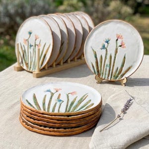 Hand Painted Ceramic Plate Set, Floral Dinner Plates, Botanical Stoneware Dish Set, Artisanal Dinnerware, Unique Gift for Her