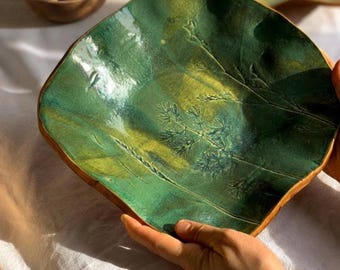 Large Ceramic Serving Bowl 11” Botanical Handmade Centerpiece Dish Rustic Pottery Fruit Bowl Farmhouse Table Decor