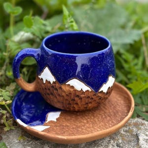 Handmade Ceramic Mug with Saucer –  Galaxy Blue Mountain Cup, Boho Rustic Clay Coffee & Cappuccino Mug, Ukrainian Pottery Gift, Tea Set Gift