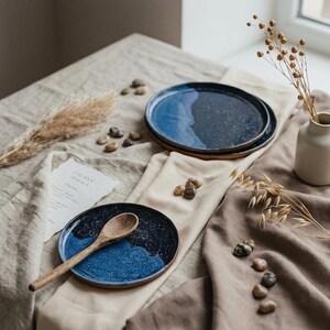 May include: A set of ceramic plates with a blue and black galaxy design. One plate has a wooden spoon. The plates are on a beige tablecloth with small stones and a vase with dried flowers. The text "GALAXY SERIES" is on a piece of paper.