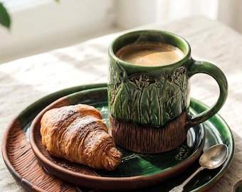 Green Ceramic Dinnerware Set, Handmade Pottery Plates and Mug, Rustic Stoneware Set, Botanical Tableware, Unique Gift for Her