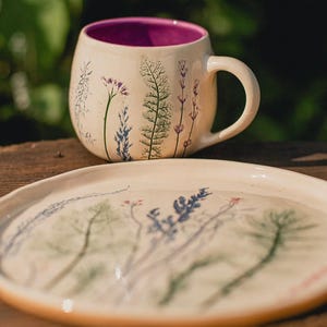 Floral Handmade Ceramic Mug and Saucer Set Rustic Botanical Cup Purple Pottery Tea Coffee Espresso Cappuccino Cup Cottagecore Kitchen Decor