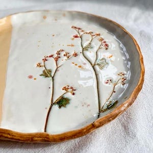 Ceramic Plates - Stoneware Dinner Plates, Artisanal Dinnerware with Pressed Flowers,  Handmade Pottery Plate, Rustic Serving Platter