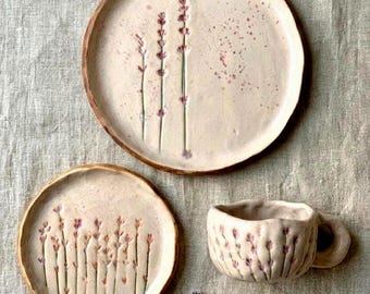 Lavender Mug and Plate Set Handmade Floral Tea Set Botanical Ceramic Cup and Plate Cottagecore Gift