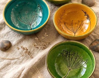 Handgemachte Keramik Schüssel, Botanische Suppenschüssel, Wildblumen Keramik, Rustikale Steinzeug Müsli Schüssel, Grün Gelb Küchen Schüssel Geschenk