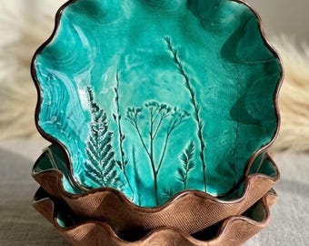 Obstschale aus Keramik, Steingutschale, große Salatschüssel, Servierschüssel aus Keramik, dekorative Schale mit botanischem Aufdruck, rustikales Geschirr