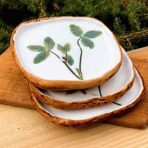 Rustic Ceramic Plate Botanical Pottery Jewelry Dish Dessert Plates Small Decorative Nature-Inspired Trinket Dish Handmade Cottagecore Gift