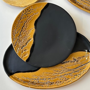 Rustic Modern Serving Dishes for Boho Kitchen Decor - Handmade Ceramic Plates with Botanical Relief – Artisan Tableware, Gift Idea