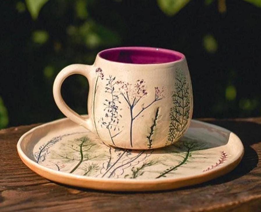 Botanical Ceramic Mug and Plate Set – Handmade Rustic Floral Tea Cup, Gift for Mom, Grandma, Girlfriend, Cottagecore Kitchen Decor