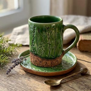 Op de afbeelding: Een keramische mok en bijpassende schotel met een glanzend groene glazuurlaag en reliëf van botanische plantmotieven. Het onderste deel van de mok en de rand van de schotel hebben een textuur met een bruine houtachtige afwerking. Een kleine metalen lepel is inbegrepen.