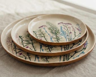 Ceramic Plates, Wildflower Dinner Plates, Handmade Stoneware Plate, Dinnerware with Pressed Flowers, Botanical Cottagecore Kitchen Decor