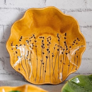 Bol de cerámica hecho a mano con estampado botánico, vajilla rústica de cerámica, bol de gres para fruta o ensalada, regalo para la cocina.