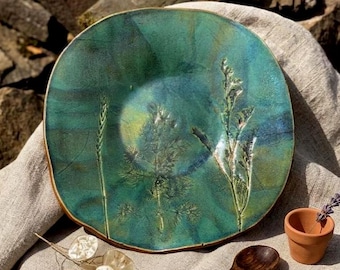 Großer Keramik Speiseteller 11 "/ 28 cm – Botanischer Grüner Handgefertigter Teller – Rustikaler Steingut Servierteller Wabi Sabi Geschirr Platzteller