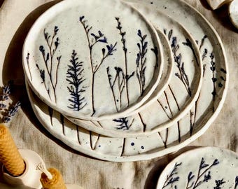 Dinner Plates Ceramic, Botanical Dinnerware, Pressed Flower Plate, Handmade Ceramic Plate, Rustic Tableware, Wedding Plates
