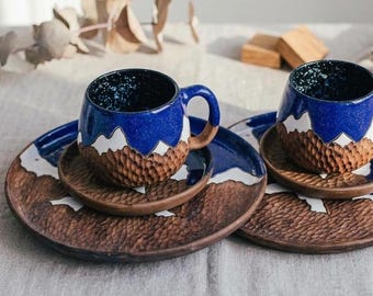 Ceramic Mug with Saucer Set, Blue Pottery Coffee Cup, Handmade Stoneware Mug, Rustic Kitchen Decor, Gift for Her