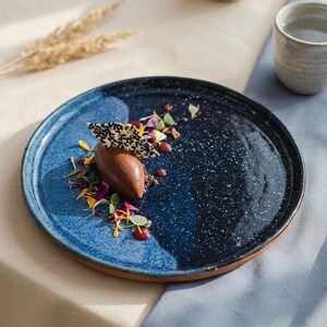May include: A blue ceramic plate with a speckled design, holding a scoop of chocolate dessert, garnished with colorful flower petals and a sesame seed crisp. A ceramic cup is in the background.