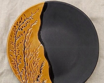 Ceramic Dinner Plates Set, Handmade Stoneware Plates, Botanical Plate Set, Black Rustic Dinnerware, Modern Organic Tableware