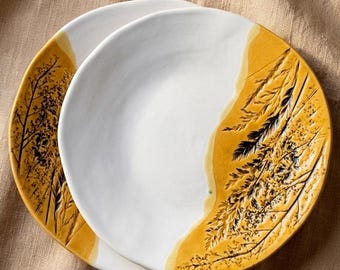 Platos de cerámica únicos, vajilla hecha a mano, platos de cerámica Wabi Sabi, platos llanos rústicos de gres.
