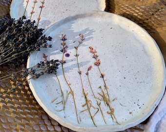 Pottery Plate with Lavender 8" / 20 cm Ceramic Plate Floral Botanical Dinnerware Rustic Wabi Sabi Style Dessert or Serving Dish Hostess Gift