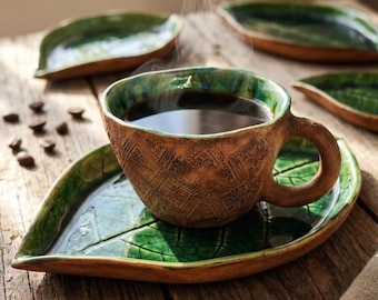 Coffee Mug and Saucer Set, Handmade Stoneware Coffee Cup, Ceramic Tea Cup, Rustic Pottery, Green Pottery Cup, 10 oz Mug, Hostess Gift