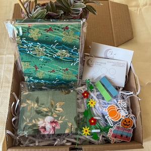 Könnte beinhalten: Ein offener Pappkarton mit verschiedenen Artikeln, darunter eine Topfpflanze, ein grünes Notizbuch mit Blumenmuster und eine kleine Tasche. Die Box enthält auch Aufkleber mit Kürbis- und Halloween-Motiven sowie eine Karte mit französischem Text.