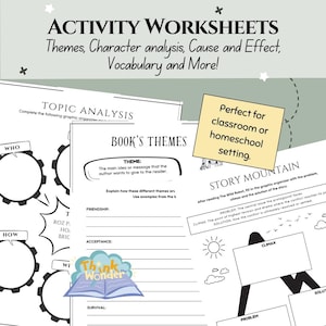 May include: Black and white printable worksheets for classroom or homeschool use. The worksheets feature graphic organizers for analyzing book themes, topic analysis, and story mountain.