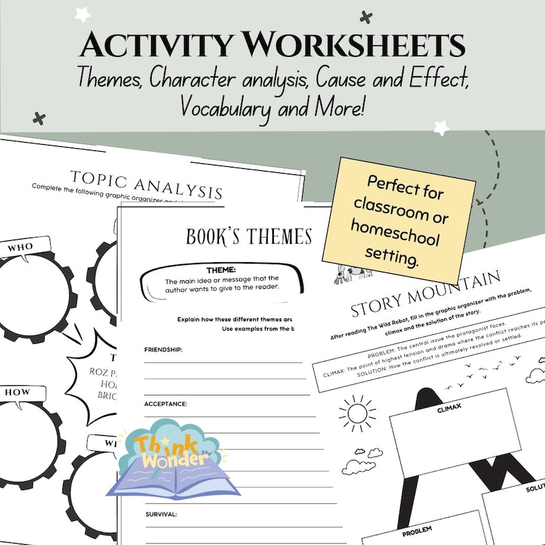 May include: Black and white printable worksheets for classroom or homeschool use. The worksheets feature graphic organizers for analyzing book themes, topic analysis, and story mountain.