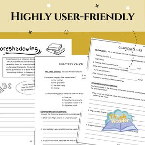 May include: Educational worksheets with text, including "Foreshadowing" and "Chapters 24-26." The pages feature multiple-choice questions, vocabulary exercises, and comprehension questions. The phrase "Highly User-Friendly" is at the top.