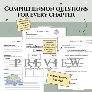 May include: Black and white printable worksheet with comprehension questions for every chapter of a book. The worksheet includes different question types, such as multiple choice, true/false, and making connections. The worksheet also includes a vocabulary section with definitions and synonyms.