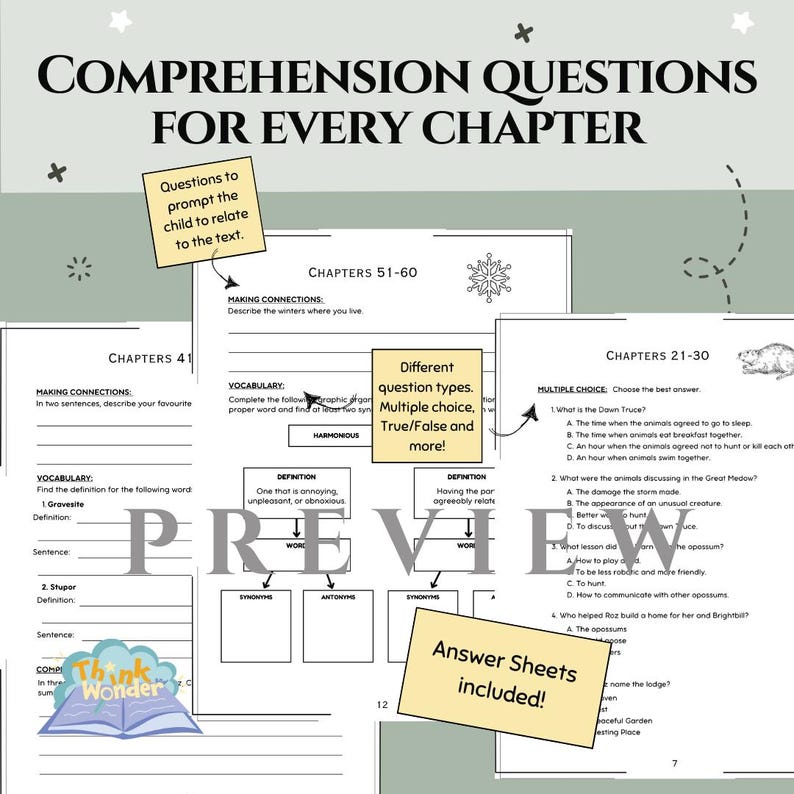 May include: Black and white printable worksheet with comprehension questions for every chapter of a book. The worksheet includes different question types, such as multiple choice, true/false, and making connections. The worksheet also includes a vocabulary section with definitions and synonyms.