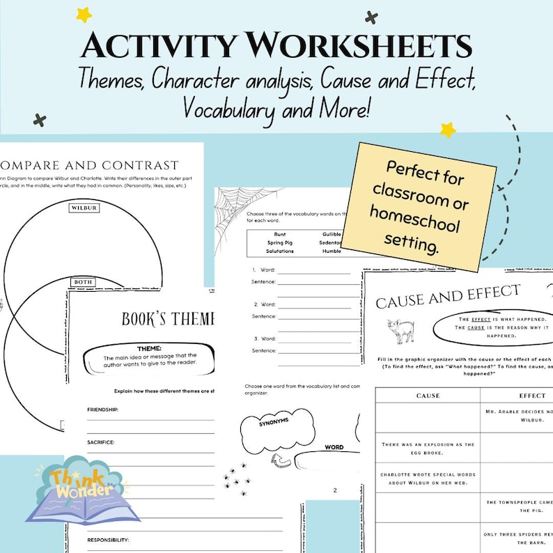 May include: Black and white printable worksheets for classroom or homeschool use. The worksheets feature activities for comparing and contrasting characters, analyzing themes, and exploring cause and effect. The worksheets also include vocabulary activities.