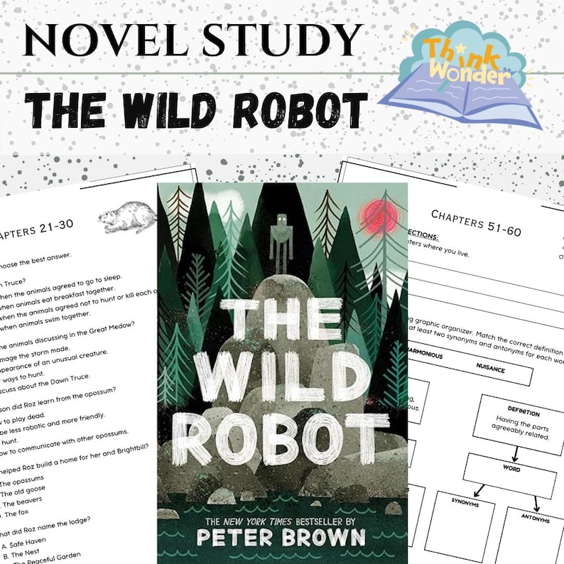 May include: A colorful book cover for "The Wild Robot" by Peter Brown. The cover features a robot standing on a rock in a forest with a red sun in the background.