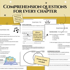 May include: Educational worksheet titled "Comprehension Questions for Every Chapter" with questions for chapters 4-6, 7-9, and 24-26. Includes multiple choice, true/false, and vocabulary sections. Features a Venn diagram and the text "Answer Sheets included!"