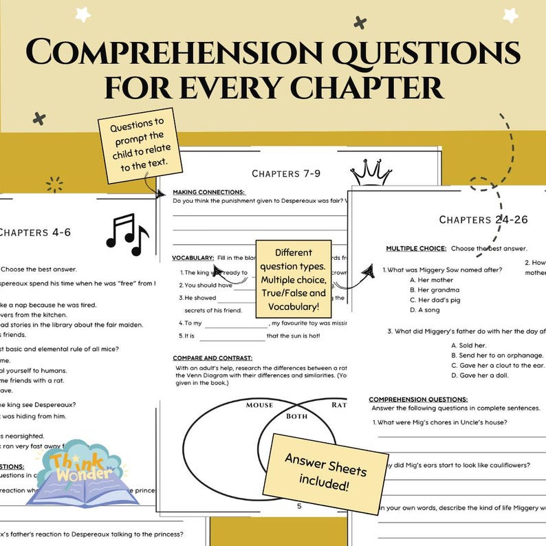May include: Educational worksheet titled "Comprehension Questions for Every Chapter" with questions for chapters 4-6, 7-9, and 24-26. Includes multiple choice, true/false, and vocabulary sections. Features a Venn diagram and the text "Answer Sheets included!"