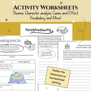 May include: Educational worksheet titled "Activity Worksheets" with sections on themes, character analysis, and vocabulary. Includes examples of foreshadowing and consequences. Features a yellow sticky note that says "Perfect for classroom or homeschool setting."
