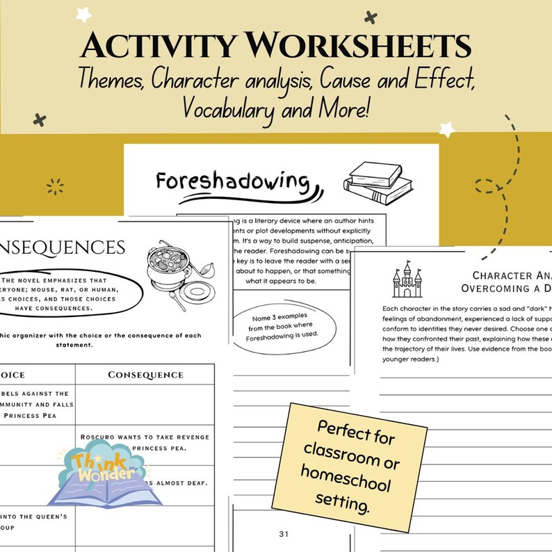 May include: Educational worksheet titled "Activity Worksheets" with sections on themes, character analysis, and vocabulary. Includes examples of foreshadowing and consequences. Features a yellow sticky note that says "Perfect for classroom or homeschool setting."