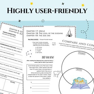 May include: A printable worksheet for kids featuring a Venn diagram with the words "Wilbur" and "Charlotte" and the text "Compare and Contrast". The worksheet also includes multiple choice questions and a "Did You Know" section about spiders.