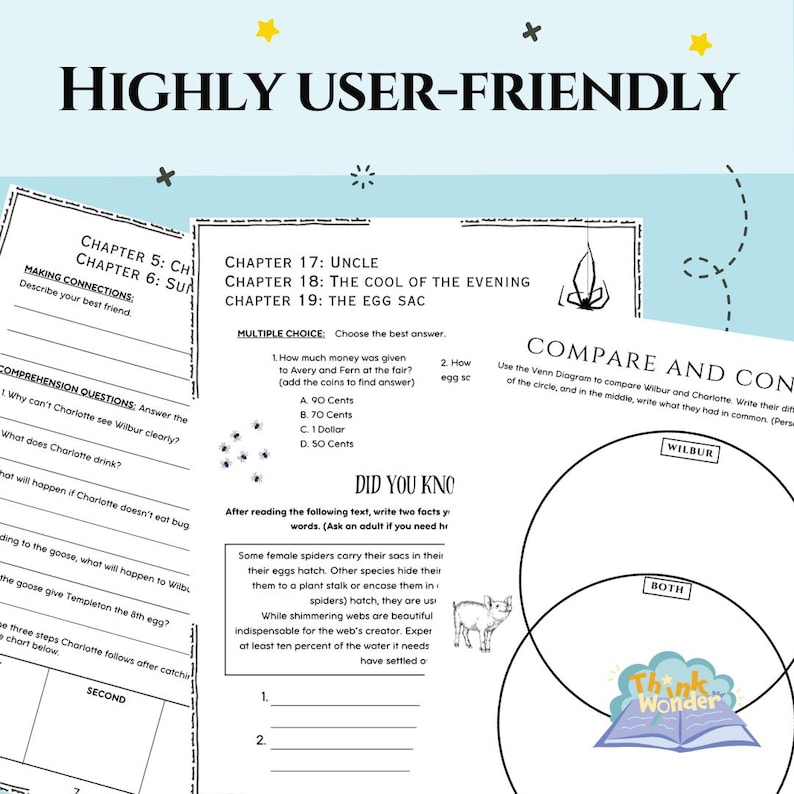 May include: A printable worksheet for kids featuring a Venn diagram with the words "Wilbur" and "Charlotte" and the text "Compare and Contrast". The worksheet also includes multiple choice questions and a "Did You Know" section about spiders.