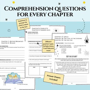 May include: A colorful printable worksheet with comprehension questions for each chapter of a book. The worksheet includes different question types, such as multiple choice, true/false, and making connections. The worksheet also includes a "Did You Know?" section with space for students to write down two facts they found interesting.
