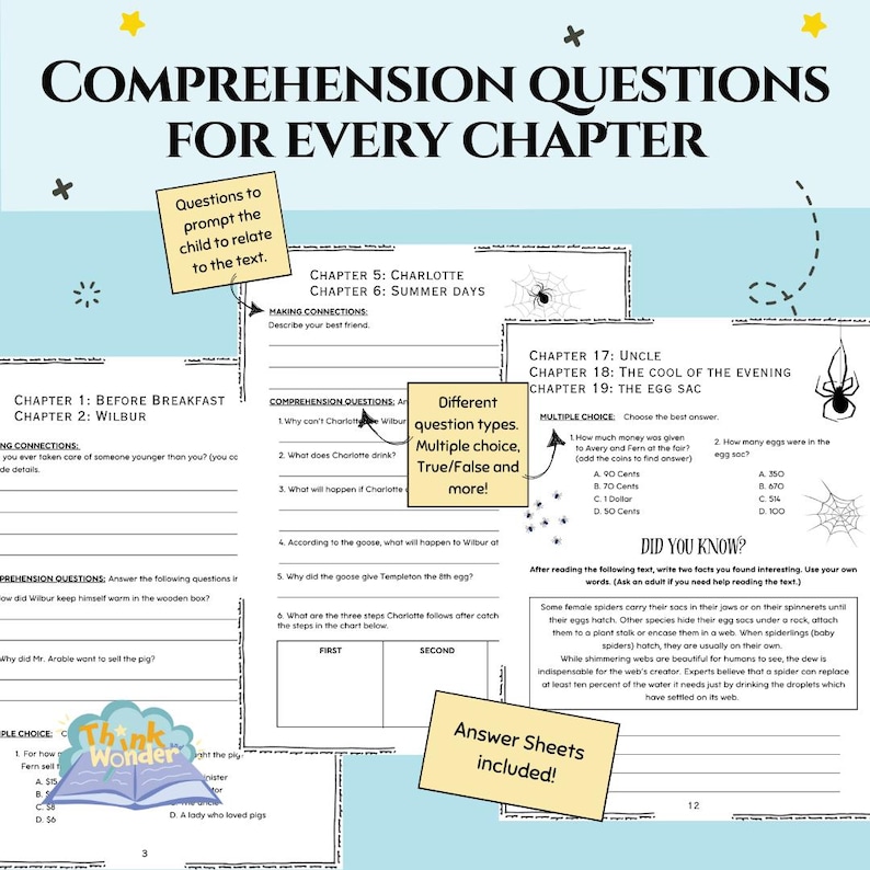 May include: A colorful printable worksheet with comprehension questions for each chapter of a book. The worksheet includes different question types, such as multiple choice, true/false, and making connections. The worksheet also includes a "Did You Know?" section with space for students to write down two facts they found interesting.