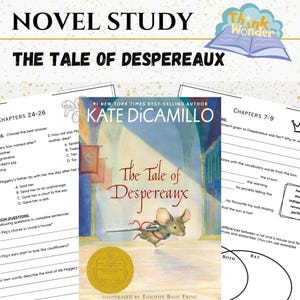 Può includere: Copertina del libro "The Tale of Despereaux" di Kate DiCamillo, con un'illustrazione di un topo. Sono inclusi fogli di lavoro per lo studio del romanzo con domande. La copertina del libro mostra un sigillo dell'autore bestseller del New York Times.
